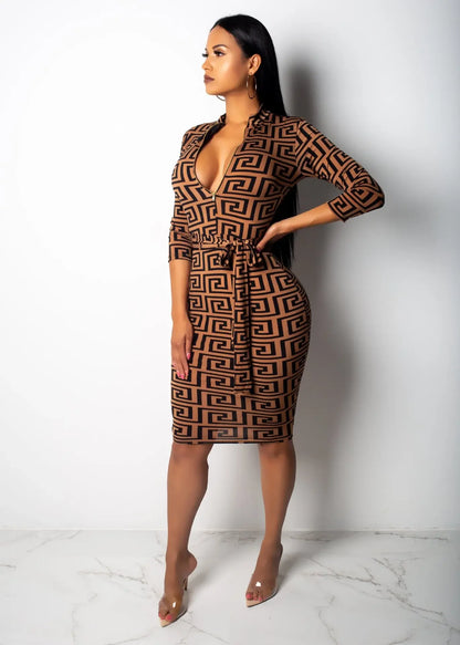 Elegant Print Slim High Waist Dress Office Lady Long Sleeve Midi Plaid V Neck Party