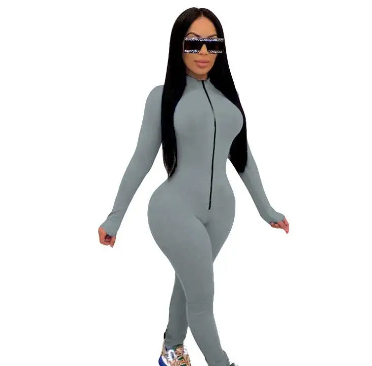 Deep V Bodycon Rompers Womens Jumpsuit Sport Suit Fashion Zip Up Long Pants Overalls Fitness Set