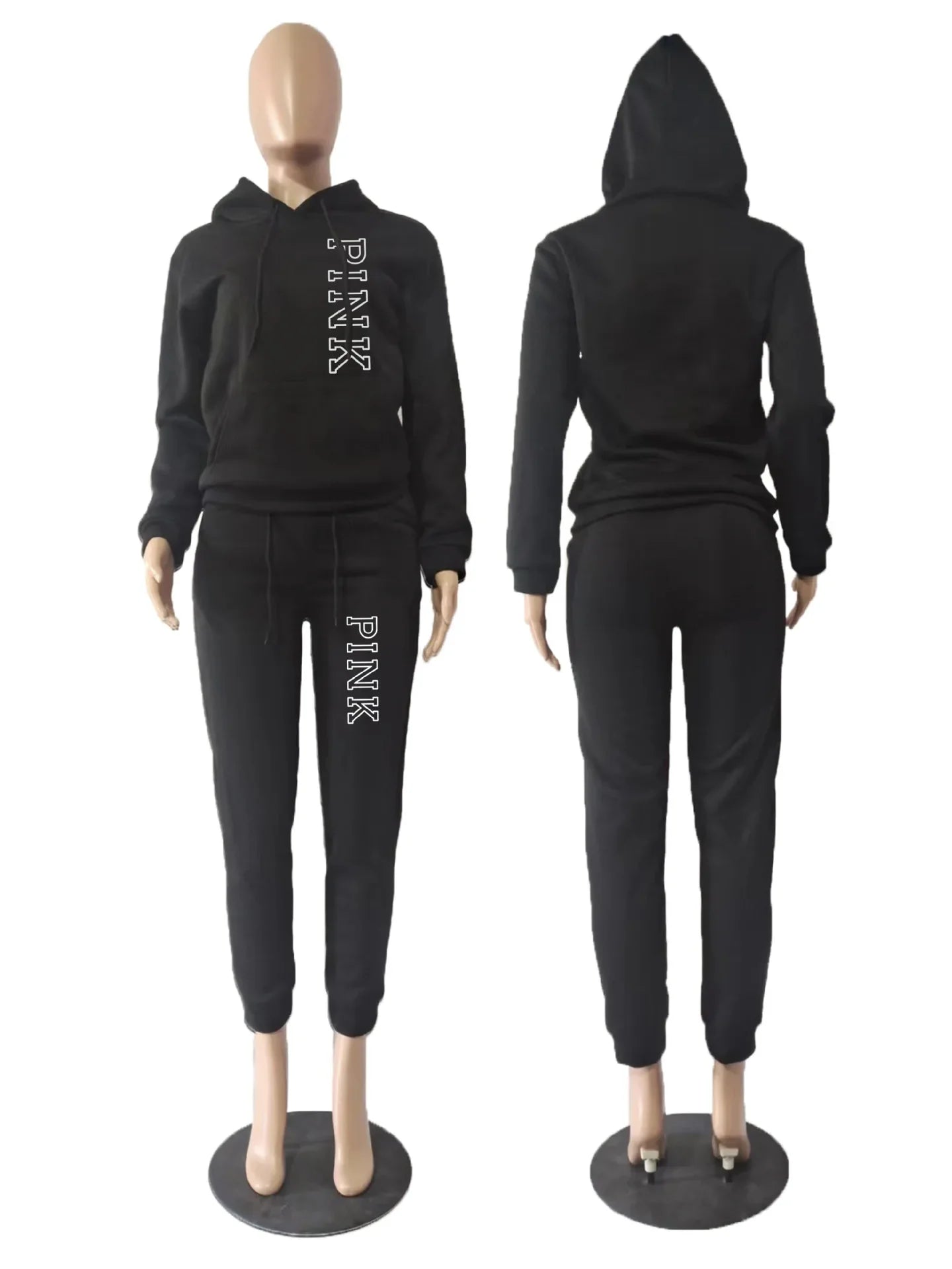 Lady Hoodies Set Fashion 2 Piece Set PINK Letter Print Hooded Sweatshirt And Skinny Stacked Pants Set Sporty Outfit Tracksuit