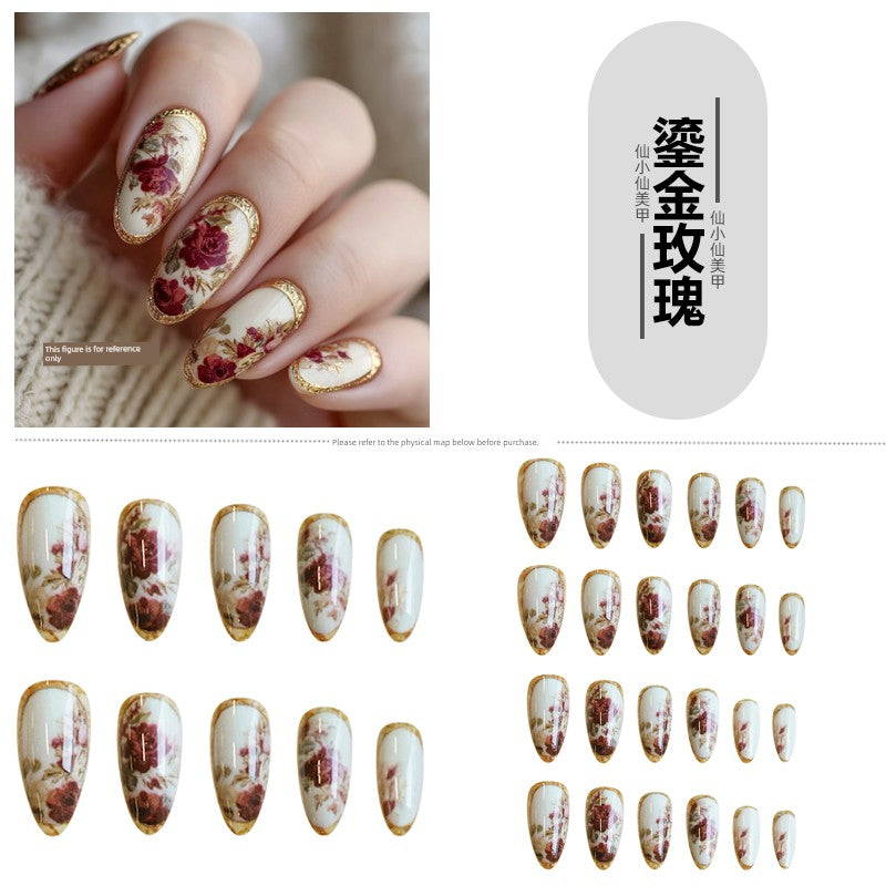 Classical Flower Oil Painting Wearing Armor Gilding Rose Nail Stickers Retro European American Style Artistic Finished Product Fake Nail Tip