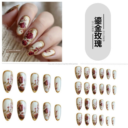 Classical Flower Oil Painting Wearing Armor Gilding Rose Nail Stickers Retro European American Style Artistic Finished Product Fake Nail Tip