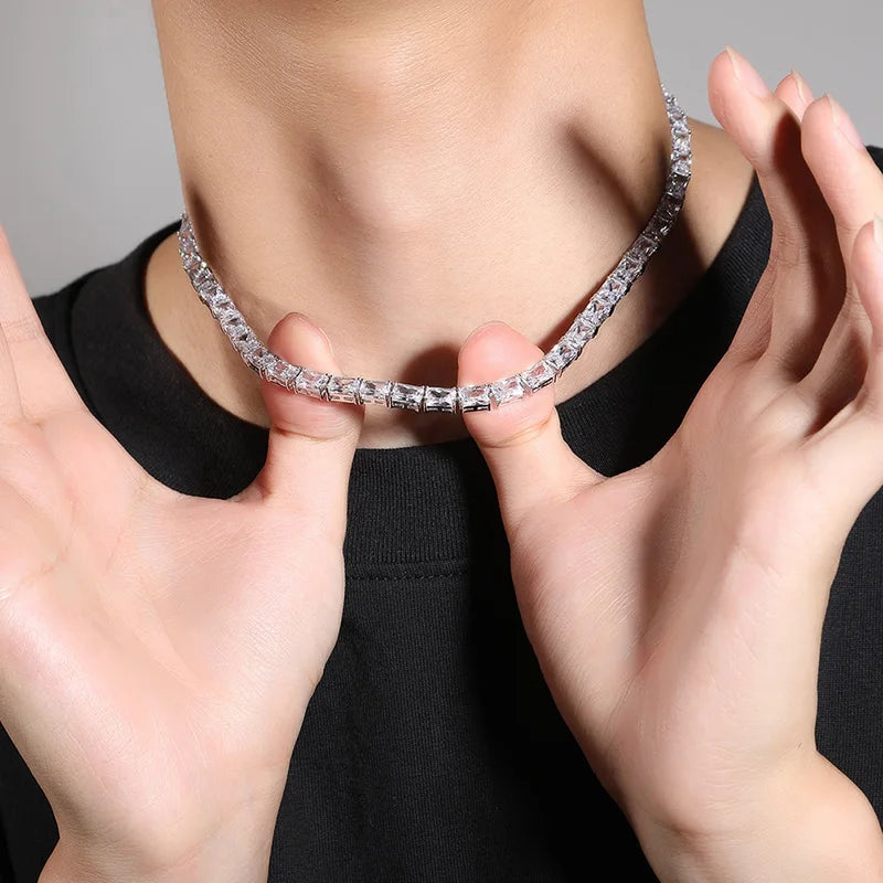 1 Row Square CZ Stone Tennis Link Chain Choker Necklace (Unisex)