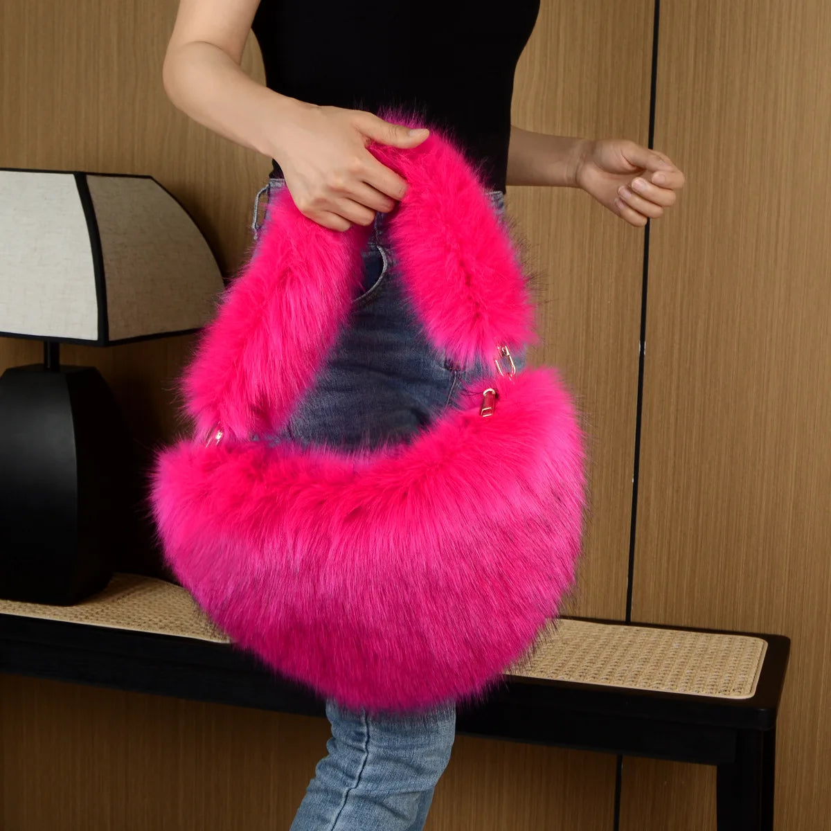 Trishanne Trendy Designer Soft Faux Fur Heart Shaped Shoulder Bags