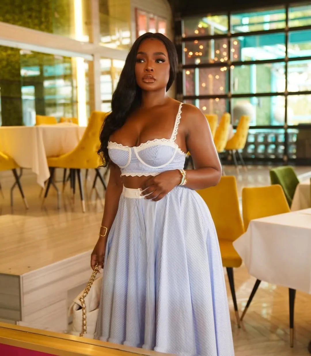 Lace Trim Crop Top + High Waist Flare Skirt Set