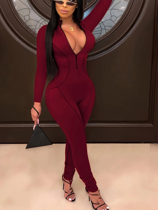 Women Zipper Up Striped Splicing Long Sleeve Bodycon Moto Biker Jumpsuit Sexy Club Night Party Romper Playsuit