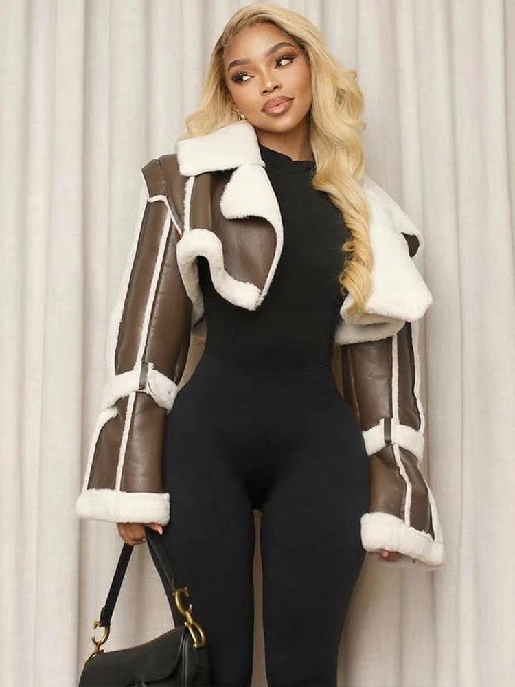 Furry Patchwork Women Crop Jacket Hipster Full Sleeve Open Stitch Hipster Streetwear Warm Outwear Basic Wild Coat
