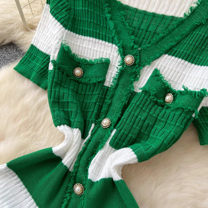 Chic Knitted Slim Waist Office Lady Sweater Maxi Dresses