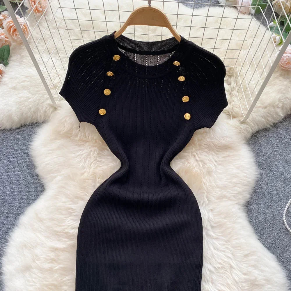 O Neck Short Sleeve Elastic Slim Sheath Dresses