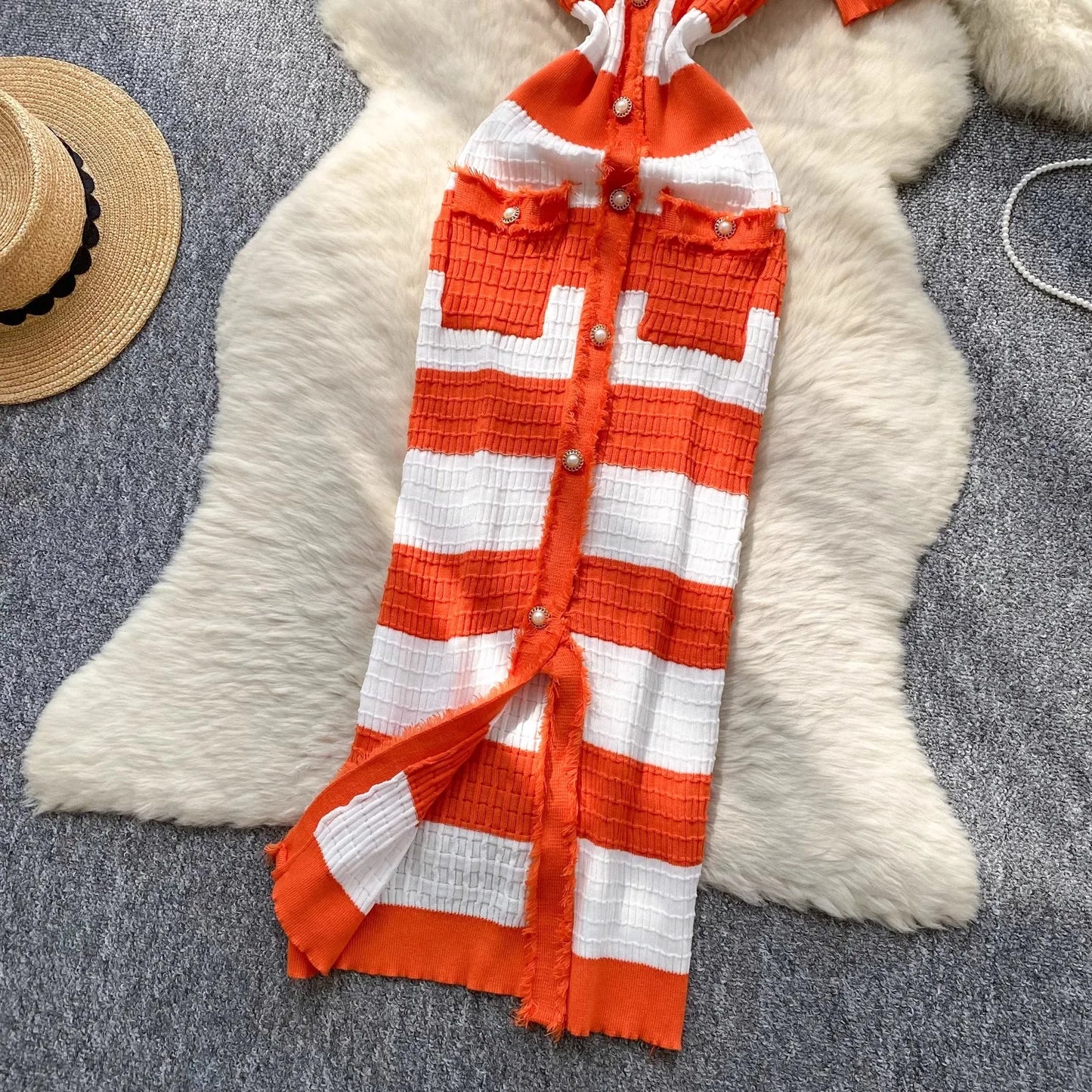 Chic Knitted Slim Waist Office Lady Sweater Maxi Dresses