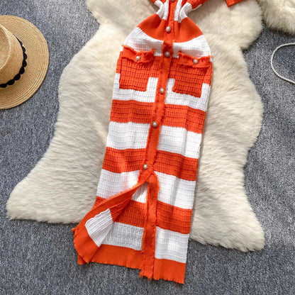 Chic Knitted Slim Waist Office Lady Sweater Maxi Dresses