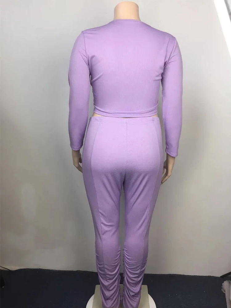 Long Sleeve Top and Pants Set Purple Knit Set (Tight)