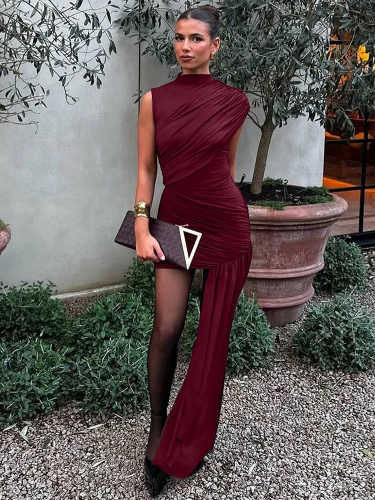 Elegant Turtleneck Sleeveless High Waist Pleated Dresses