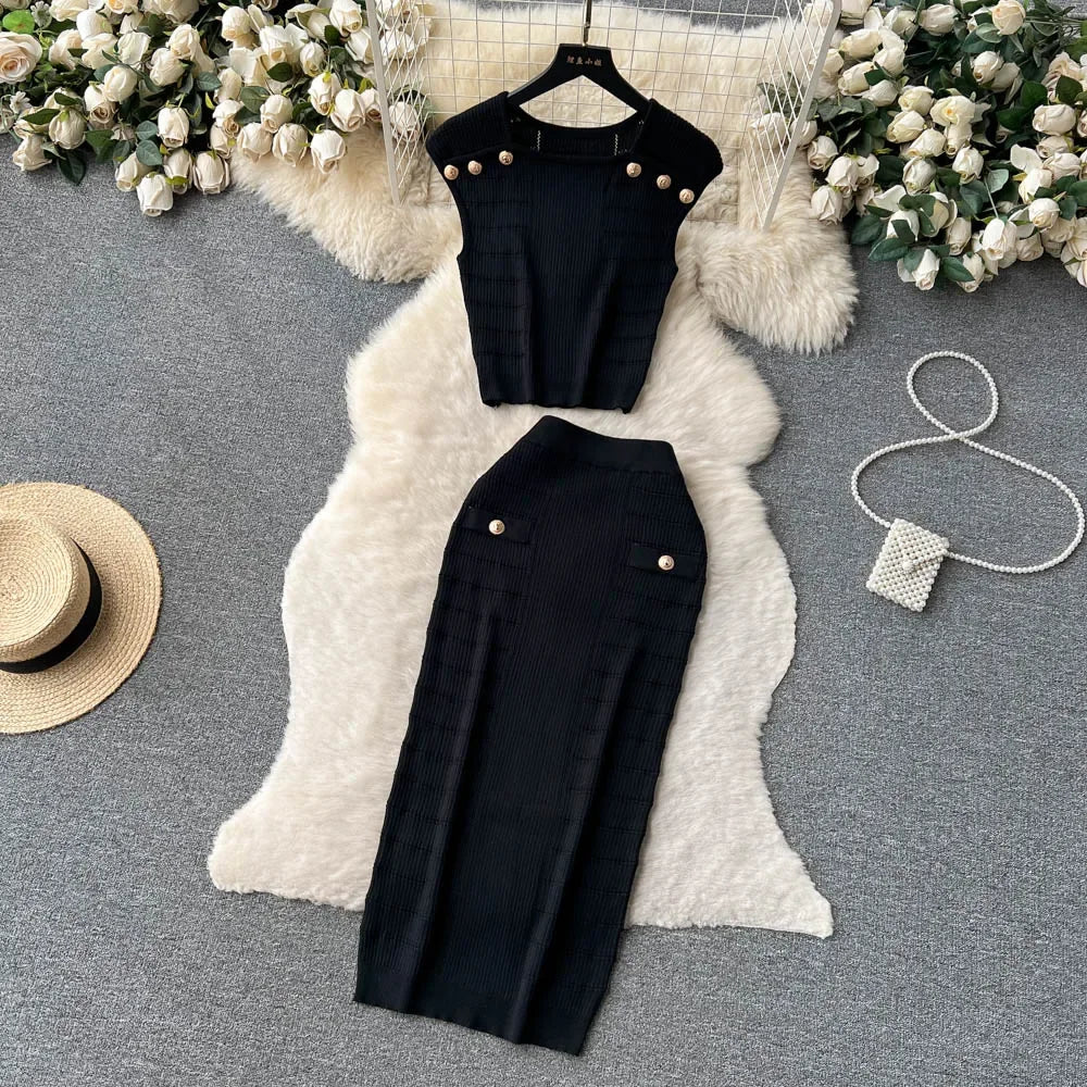 Knitted 2 Pcs. Buttons Crop Top Tanks + Slit Midi Skirt Set