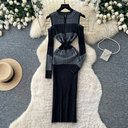 Cold Shoulder Long Sleeve Ribbed Knit Bodycon Midi Dress Elegant Fall Winter