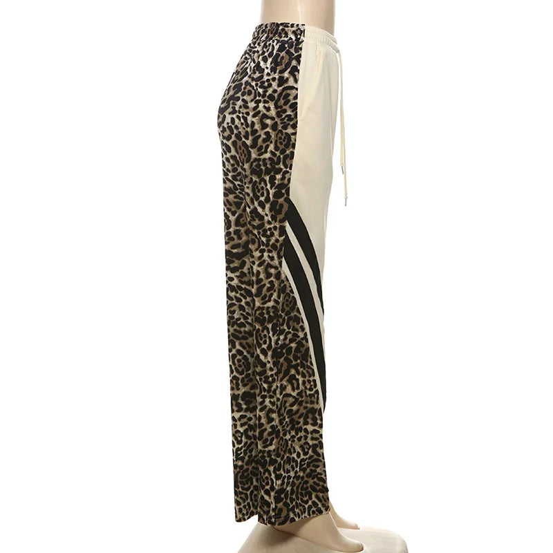 Sophie Leopard Printed Striped Wide Leg Sweatpants High Waisted Straight Trouser