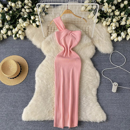 Single Shoulder Ink Knit Dress Backless Tank Striped Slim Bodycon Sundress Women Summer Beachwear Sexy Chic Vestidos