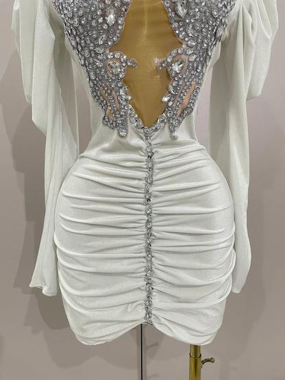 Luxury Sparkly Crystal White Velvet Mini Dresses