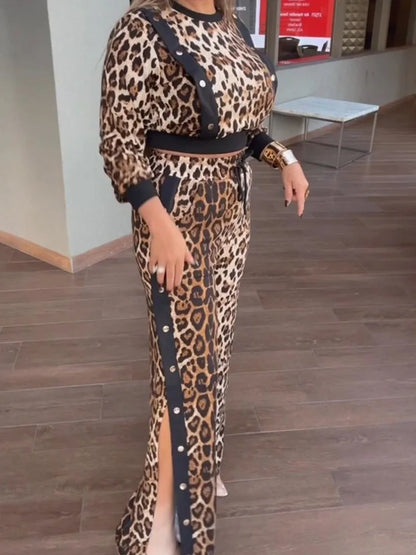 Leopard Print O-neck Top + Split Pants Matching Sets