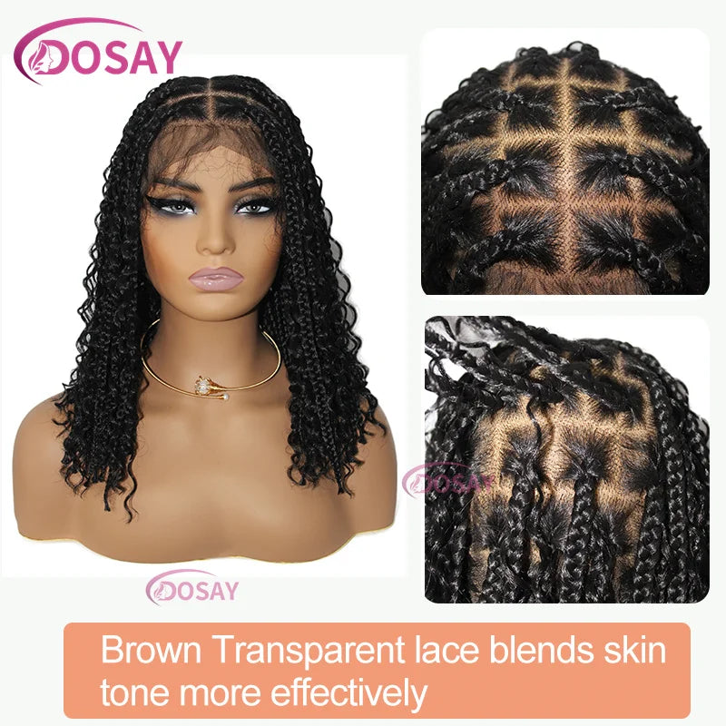 Sue Synthetic Curly Wigs Short Bob 360 Full Lace Braids Wigs 12 Inch Boho Knotless Braided Wigs Goddess Box Wig Pre-Pluck Baby Hair