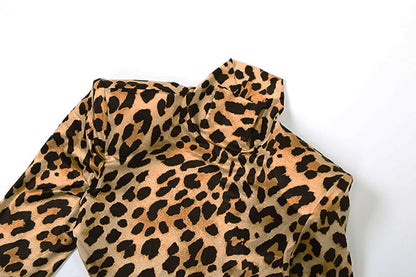Leopard Print Ruched Patchwork Full Sleeve Midnight Stretch Dresses