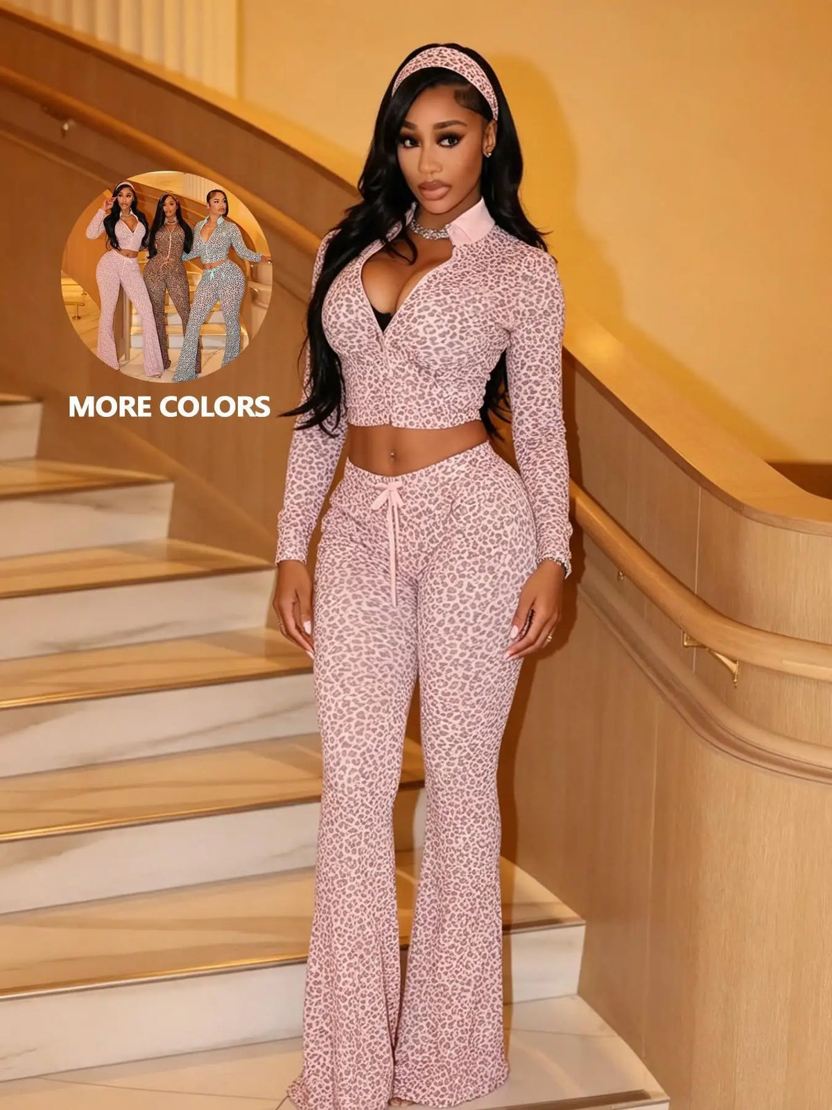 NEW SPICY GIRL LEOPARD PRINT LONG PAJAMA PANT SETS, (TWO PIECE OUTFIT)
