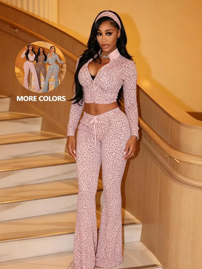 NEW SPICY GIRL LEOPARD PRINT LONG PAJAMA PANT SETS, (TWO PIECE OUTFIT)
