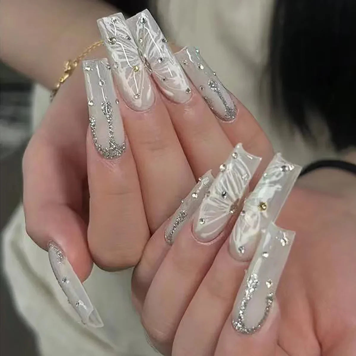 24Pcs Long Square Press on Nails Leopard Print French 3D Cherry Design False Nail Rhinestone Wearable Full Cover Fake Nails Tips