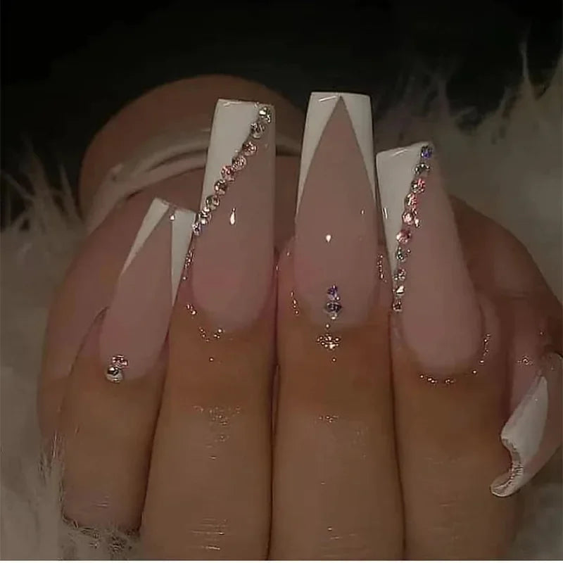 24Pcs Simple White French Press on Nails with Glue Long Ballet False Nails Wearable Coffin Fake Nails Full Cover Nail Tips