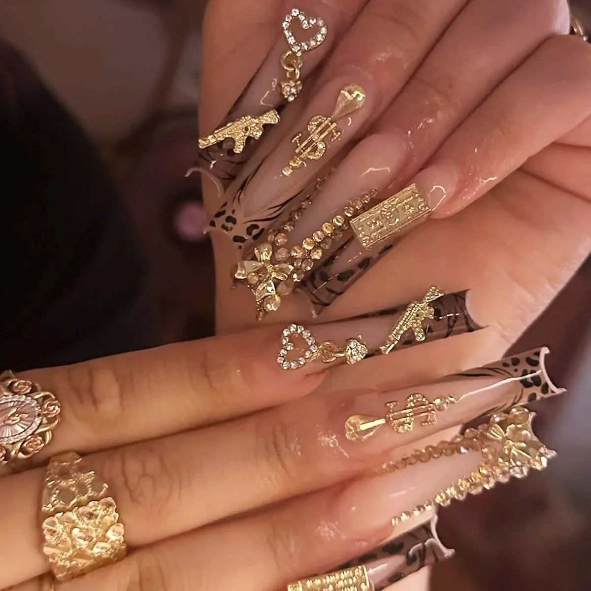 24Pcs Long Square Press on Nails Leopard Print French 3D Cherry Design False Nail Rhinestone Wearable Full Cover Fake Nails Tips