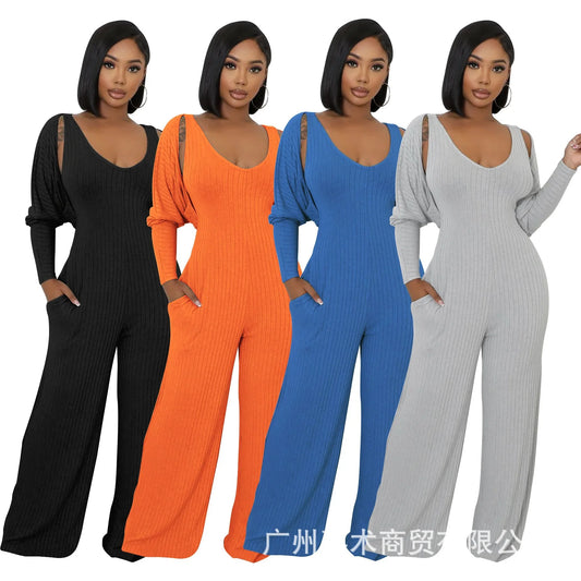 Trendy Solid Color Elastic Wide Leg Jumpsuits (2pcs.)