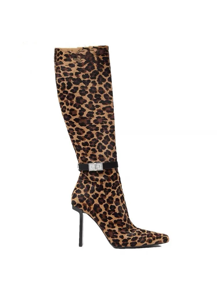 Sanaa Thick Heel Metal Belt Buckle, Side Zipper, Knee Length Leopard Print Boots