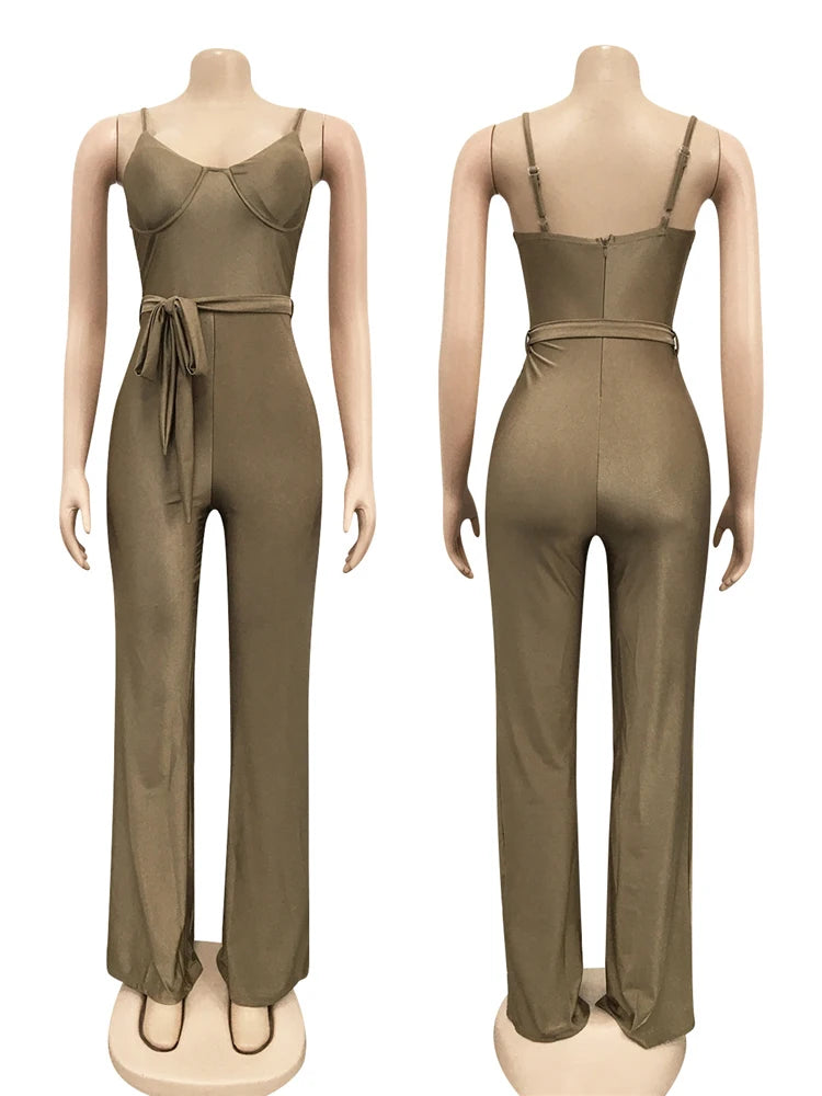 Rachel High Waisted Wide Leg Pants One Piece Sleeveless Jumpsuit with Belt