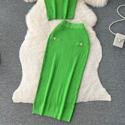 Knitted 2 Pcs. Buttons Crop Top Tanks + Slit Midi Skirt Set