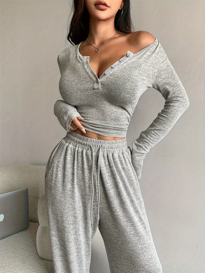 Long Sleeve Button Solid Color Top + Trousers Two Piece Sets
