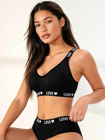 Comfortable Bra + Brief Set With Love Print