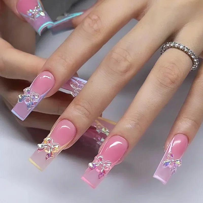 24Pcs Blue Long False Nails Butterfly Ballet French Cartoon  Wearable Fake Nails Full Cover Design Press on Nails Tips Art