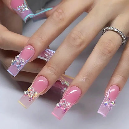 24Pcs Blue Long False Nails Butterfly Ballet French Cartoon  Wearable Fake Nails Full Cover Design Press on Nails Tips Art