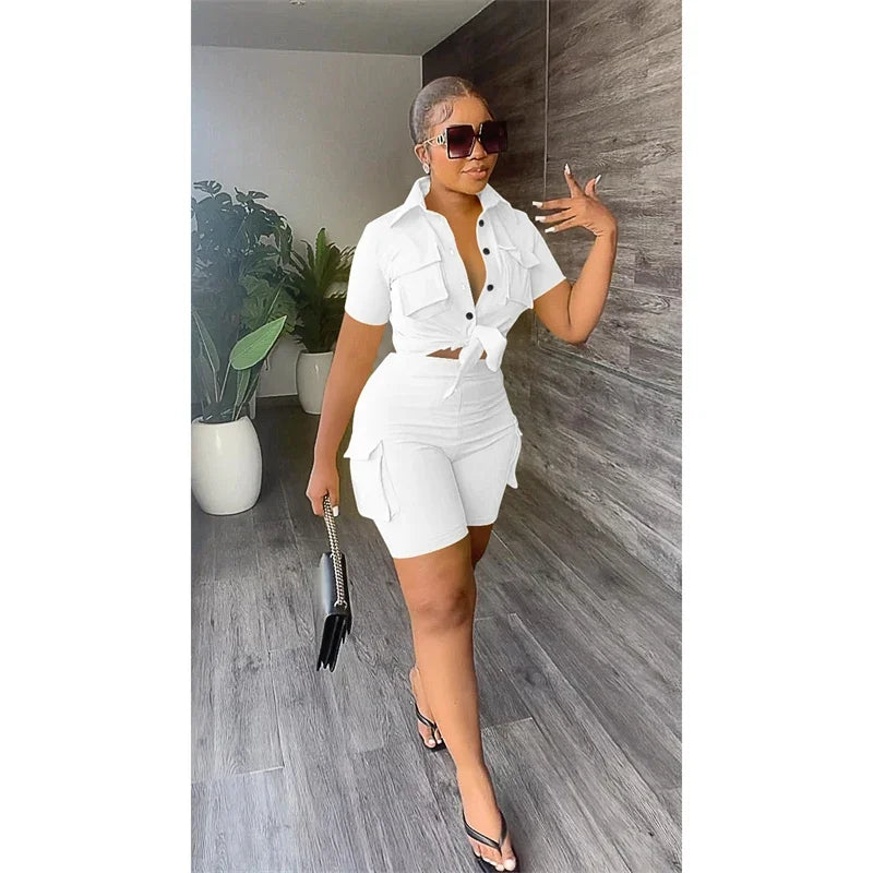 Pockets Short Sleeve Button-Up Shirt Top + Short Matching Sets