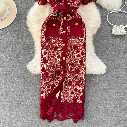 Floral Lace Dress V Neck High Waist Maxi Dresses