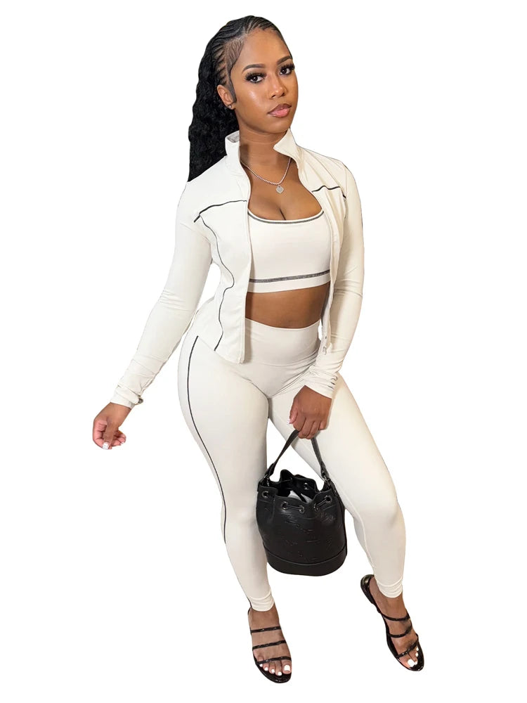 Long Sleeve Jacket + Tank Top + Tight Pant Sets (3 Piece Sets)