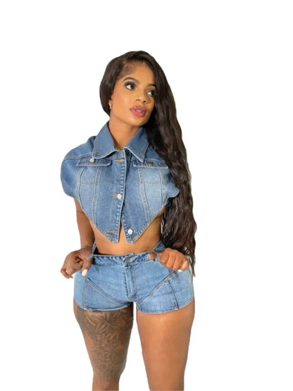 Denim Top Single Breasted + Short Matching Sets