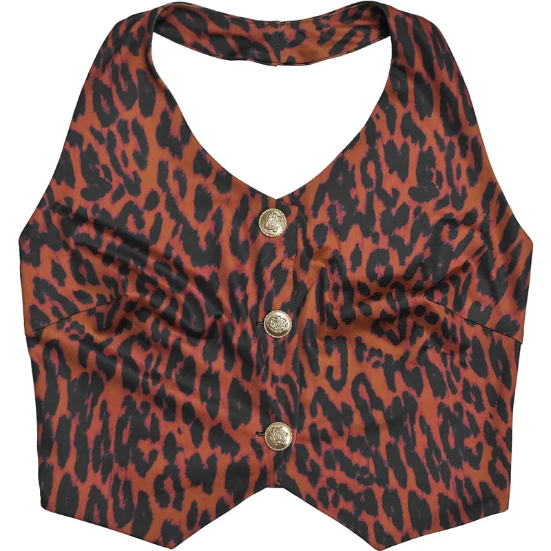 Leopard Backless Button Crop Top and Pants Matching Sets