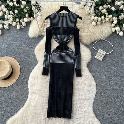 Cold Shoulder Long Sleeve Ribbed Knit Bodycon Midi Dress Elegant Fall Winter
