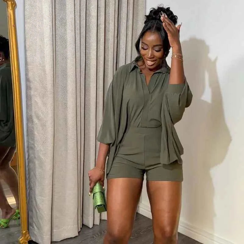 Solid Batwing Sleeve Loose Shirt Top + Shorts Casual Matching Sets