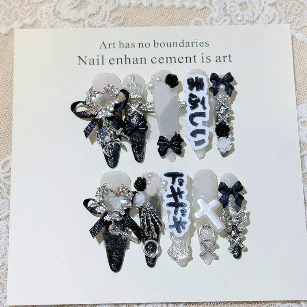 3D Handmade Long Coffin Stiletto Fake Nail Flowers Cat's Heart Diamond Metal Bow