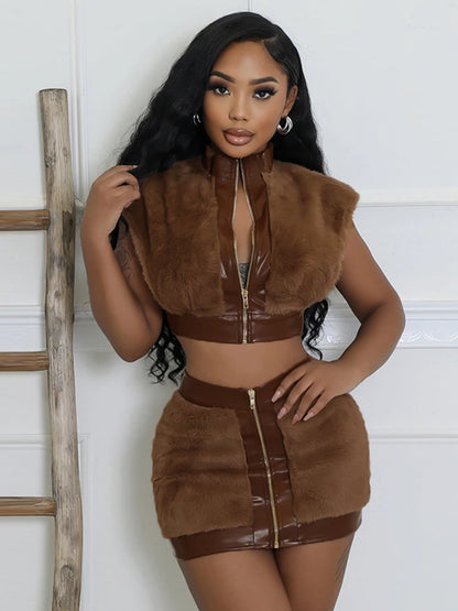 Crop Jacket + Elastic Zipper Waist Mini Skirt Sets