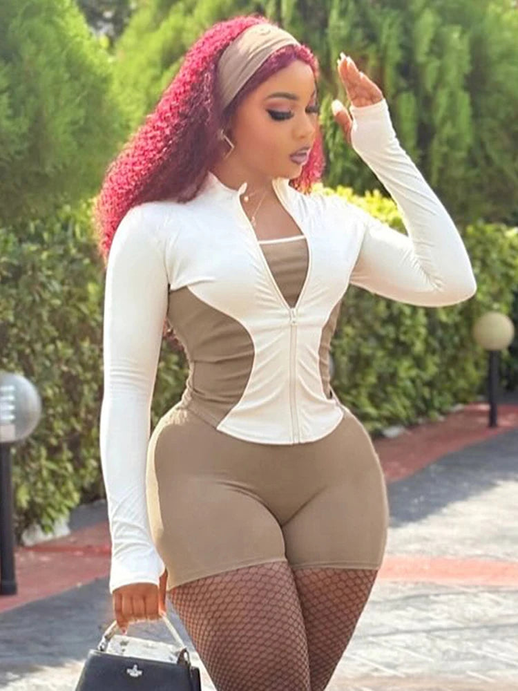 Daily Contrast Patchwork Full Sleeve Jacket+Shorts Simple Sporty Street Outfits