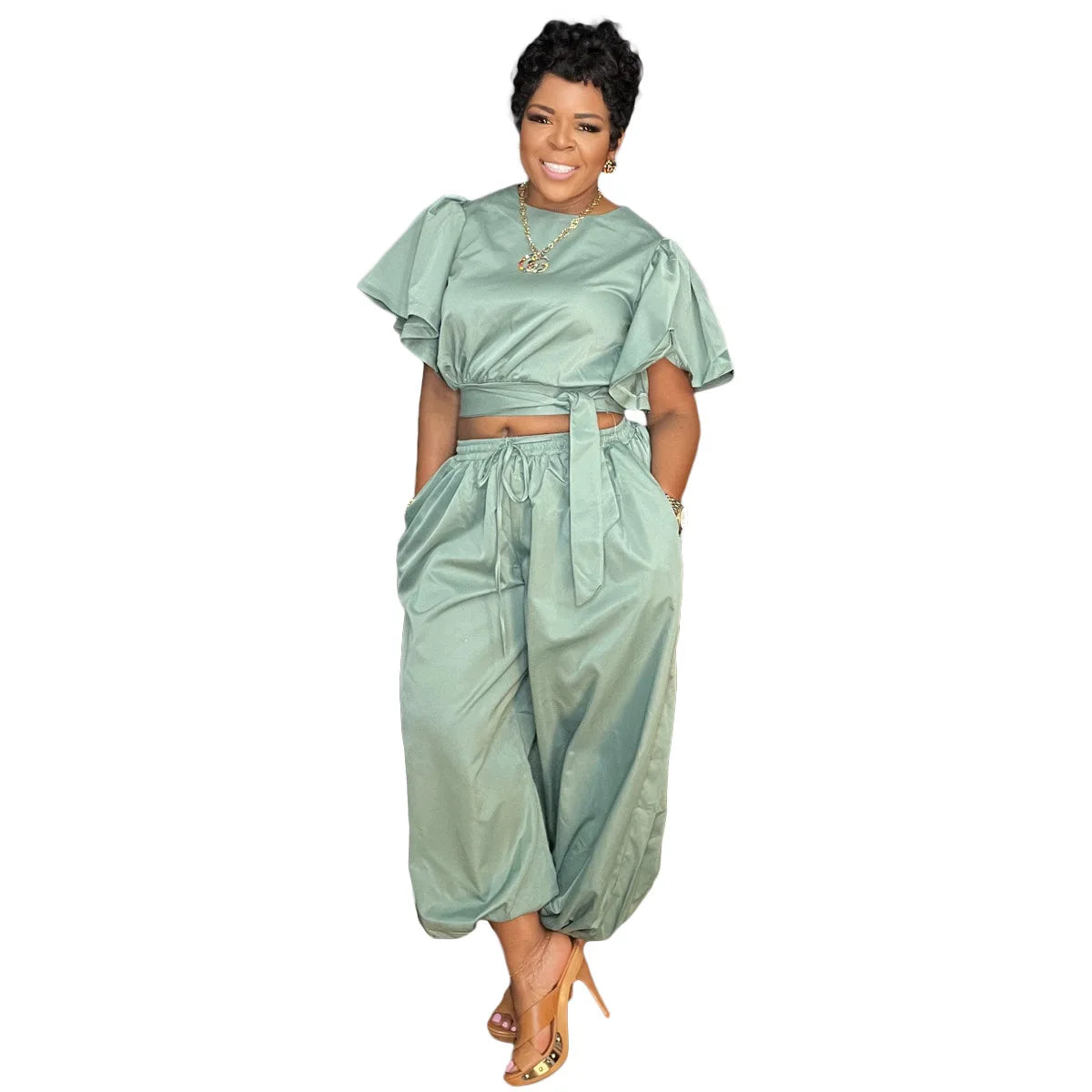 O-neck Belt Short Flare Sleeve Crop Top + Pants Suits (2 pcs.)