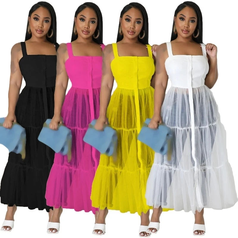Camisole Spaghetti Strap Sheer Elegant Maxi Dresses