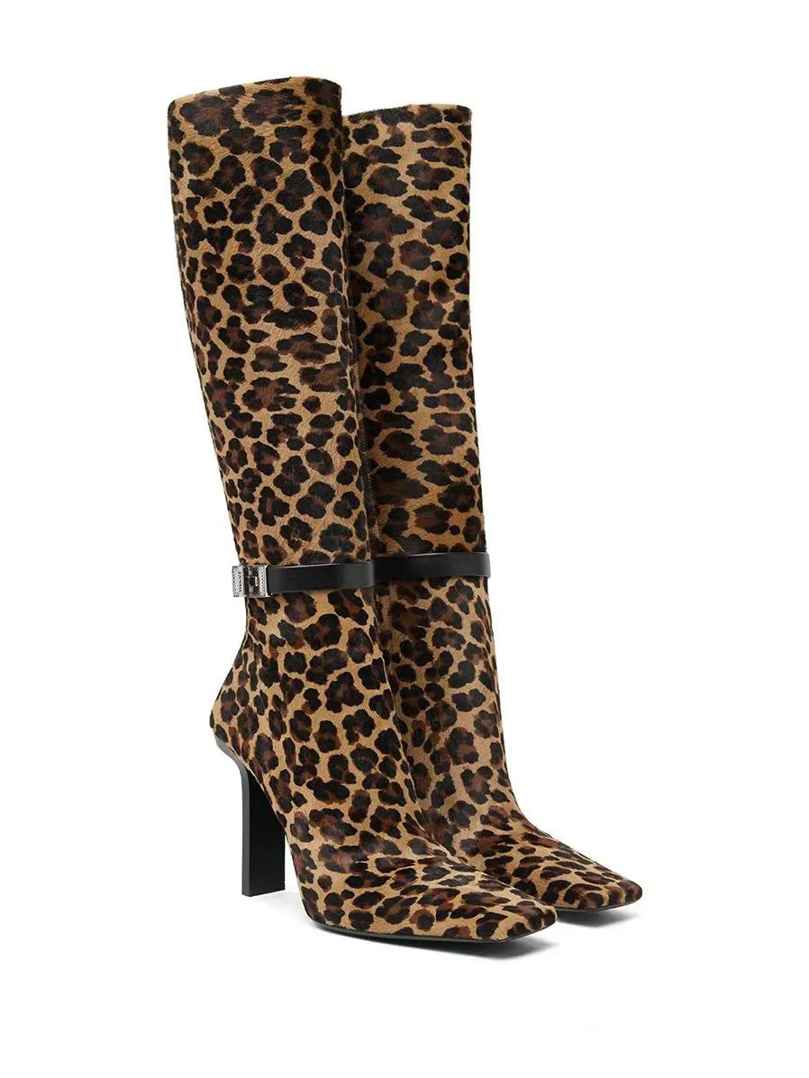 Sanaa Thick Heel Metal Belt Buckle, Side Zipper, Knee Length Leopard Print Boots